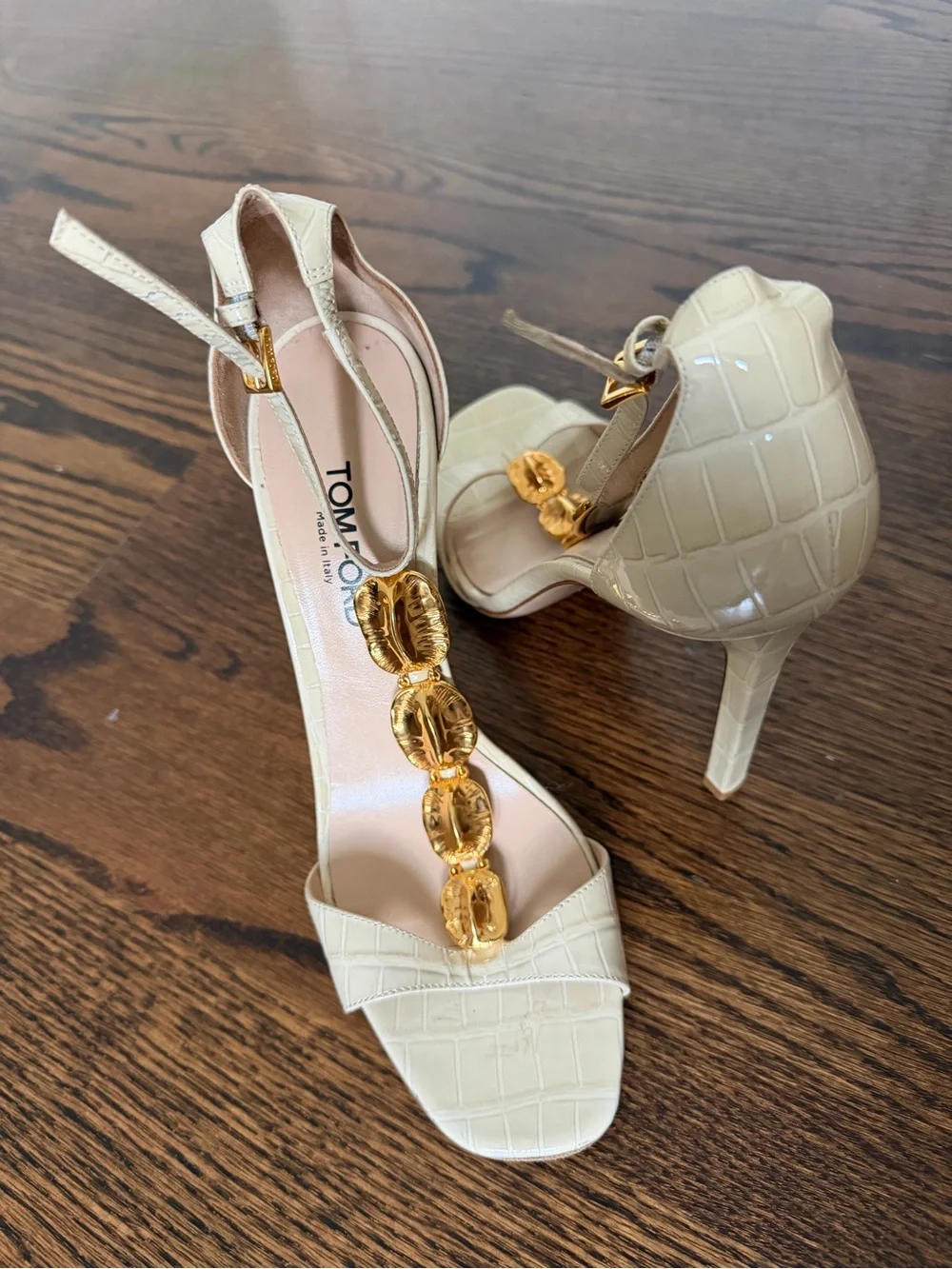 Tom Ford Ivory Croc-Embossed T-Strap Sandals with Gold Chain Links